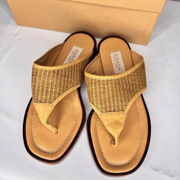 Coach Sz 7.5B Woven Square Toe Thong Sandals Nadya Des Desert Brown Leather J375 - Picture 3 of 12